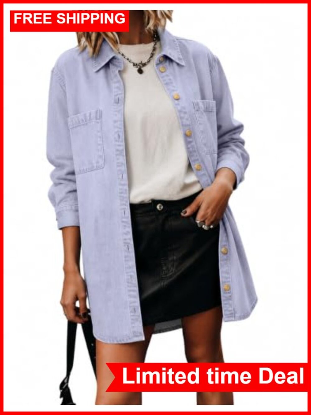 Womens Oversized Denim Jacket Long Sleeve Button Down Pockets Loose Jean